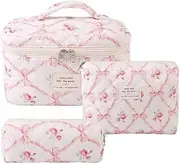 Waltonalice 3-Piece Travel Cosmetic Bag Set, Women's Make-Up Bag, Aesthetic Flowers, Large Toiletry Bag, Cute Makeup Bag, Made of Cotton, Wash Bag, Portable Travel Essentials for Women, Pink