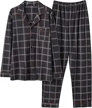 [Generic] Men's 2-Piece Pjs Sets Plaid Cotton Blend Button Down Pajama Set Sleepwear Loungewear