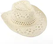 [GoodFrest] Cowboy Hat for Women Adjustable Straw Cowboy Hat with Moldable Brim Heart Beaded Trim Fashionable Cowgirl Hat White