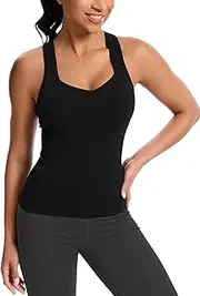 [MathCat] Women's Workout Tank Top with Built-in Bra, Slight V-Neck Racerback Sports Shirt, Breathable Athletic Camisole