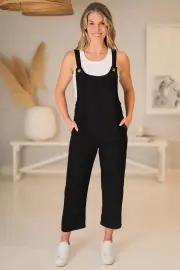 Tulum Jumpsuit - Linen Blend Overalls Pockets in Black