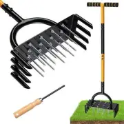 2-in-1 Manual Lawn Aerator Tool w/ 16 Spikes & 8 Cores Grass Soil Care Yard