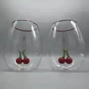 Red Floating Cherries Cherry Stemless Wine Glass Set of 2 Red Trim 5” NEW