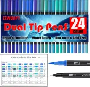 Blue Double Tip Brush Pens Art Markers,24 Colored Artist Fine Brush Pen Coloring