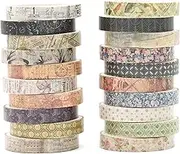 KAVI' S 20 Rolls Skinny Vintage Washi Tape Set Retro Arts Adhesive Tapes Basic Patterns Decorative Masking Tape Sets for Craft, Kids, Scrapbook, DIY, Gift Wrapping (Remaining Joy)
