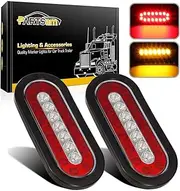 2 Pcs 6" inch Oval Truck Trailer Led Tail Stop Brake Lights Taillights Running Red and Amber Parking Turn Signal Lights, Sealed 6 inch oval led trailer tail lights w reflectors Flush Mount