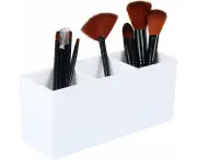 Makeup Brush Holder Organizer - Acrylic, 3 Compartments - Make Up Brushes Holder, Makeup Brush Cup Container Storage Case-White