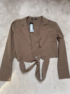 Nasty Gal Khaki Brown Tie Front Cotton Shirt Top Size 10 NEW