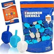 Zion Judaica Hanukkah Dreidels Multi Blue White Medium Dridels Bulk Plastic Drydlech Hebrew Letters and English Transliteration w/Traditional Chanukah Game Guide Ziplock Bag Hanukah Decorations 200