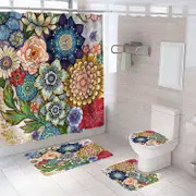 4 Pcs Shower Curtain Set Bath Mat U Shape and Toilet Lid Cover Mat with 12 Hooks 71" x 71"-A3