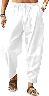 [Generic] Light Weight Pants for Men Casual Wide Leg Long Trousers Cotton Drawstring Hippie Drop Crotch Harem Pants