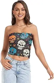 [RPLIFE] Colorful Skulls Stars Black Women Tube Top, Strapless Top Going Out, Sheer Tube Tops, Trendy Crop Tops (S)