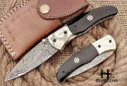 HUNTEX Custom Handmade Damascus 110 mm Long Buffalo Hunting Folding Pocket Knife