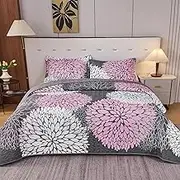 Koniroom Pink and Grey Floral Quilt Set Queen Size - 3 Piece Lightweight Bedspread Coverlet Summer Comforter Set, Soft Flower Bedding with 2 Pillow Shams for All Seasons
