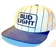 Budweiser Bud Light Hat Cap White NY Pin Strips Flat Brim Snap Back NOS