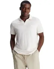 [Calvin Klein] Cotton Linen Open Collar Polo in Egret