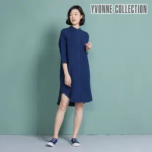 YVONNE COLLECTION 雙層紗無領襯衫式長袖洋裝-丈青