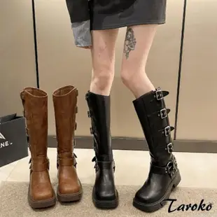 【Taroko】凸顯自我皮帶扣粗高跟大尺碼中筒靴(2色可選)