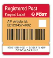 Australia Post Registered Post Prepaid Labels – Box of 50