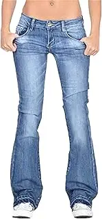 [Generic] Women Mid Waisted Bell Bottom Jeans Slim Wash Micro Flared Denim Pants Stretchy Elastic Broad Leg Jean Pants