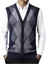 [Generic] Men's Argyle Sweater Vest Slim Fit V Neck Sleeveless Button Cardigan Knitwear Casual Lightweight Versatile Vests