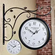 Station Clock Double-Sided Wall Clock Retro Station Clock Outdoor Area, Vintage Antique-Look Holder Station Clock for Indoor Garden, Old Station Clock A