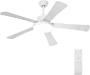 Krear Ceiling Fans with Lights, 52 inch Indoor/Outdoor Ceiling Fan with Remote Control, Reversible DC Motor, 5 Blades, Dimmable, Damp Rated Wooden Ceiling Fan for Bedroom, Patio, Porch, White