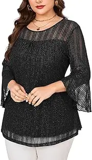 [ZOMVA] Women's Plus Size Ruffle 3/4 Sleeve Blouses Casual Elegant Dressy Crew Neck Double Layers Sparkly Mesh Tunic Tops