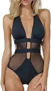 [Generic] Women's One Piece Swimsuit Bathing Suit Deep V Neck Halter Back Tie Mesh Swimwear