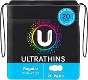 U by Kotex Regular Ultrathin Pads with Wings, Regular (20 Count)