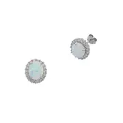 Bevilles October Birthstone Sterling Silver Oval Synthetic Opal and Cubic Zirconia Earrings Stud