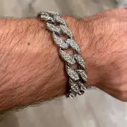 Mens Miami Cuban Link 15mm Full Iced Simulated CZ Silver Tone Chain Bracelet 8"