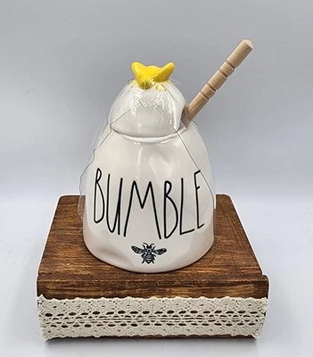 Rae Dunn Ceramic Bumble Honey Pot with Wooden Honey Dipper & Yellow Bee Lid 4.5"