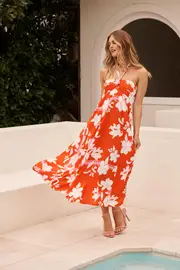 Blaise Midi Sundress Strapless in Orange Tangerine with White Floral 8