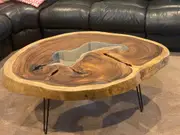 Coffee Table, Round Acacia Saur wood large 112 cm across 91cm width and 9 cm thick, glass inlay feature