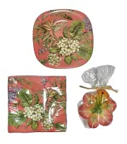 Set/3 Keller-Charles of Philadelphia Coral Floral Plate 20~Napkins, Lily Candle