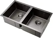 Cefito Stainless Steel Sink 77 x 45 cm Double Bowl Black Square Kitchen Sinks Handmade, Laundry Bar Home, Premium Quality Rust Resistant R10 Corner with Waste Strainer