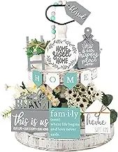 FairySandy 11 Pcs Farmhouse Tiered Tray Decor Home Wood Sign Rustic Home Sweet Home Simply Blessed Wooden Beads Tiered Tray Decorations Set for Home Kitchen Table