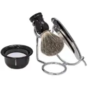 Kingsley, STRAIGHT RAZOR BLACK & CHROME 4PC. SHAVE SET with Badger Bristle Brush
