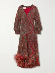 [Valentino Garavani] Valentino Garavani - Feather-trimmed Scarf-detailed Paisley-print Silk-crepe Midi Dress - Red - IT44 IT 44 Red