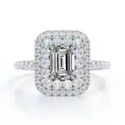 1.5 Carat Emerald Cut Moissanite Engagement Ring - Bridal Ring - Double Halo Rin