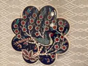 Turkish Block Printed Ceramic Scalloped Trivet with Red/Blue Peacock. Never Used
