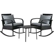 Gardeon 3PC Rocking Chair Table Wicker Outdoor Furniture Patio Bistro Set Black
