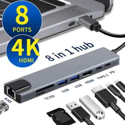 USB C Hub 8 In 1 Type C 3.1 To 4K HDMI Adapter with RJ45 SD/TF Card Reader