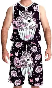 [KQNZT] Basketball Jerseys Shorts Sport Set, Jerseys for Men, Men's Athletic Basketball Jersey, Unicorn Cake with White Heart on Pink Background