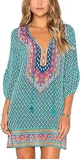 [Urban CoCo] Women Bohemian Neck Tie Vintage Printed Ethnic Style Summer Shift Dress