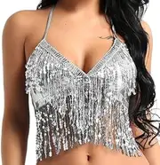 [Generic] Sequin Fringe Tassel Crop Top Beach Festival Bandage Tank Glitter Tops