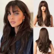 Dark Brown Wig with Fringe - Long Wavy Brunette Wigs for Women, Natural Realisti