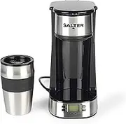 Salter Digital Coffee Maker – One Cup Filter Coffee Machine, Washable & Reusable Filter, Includes 420ml Stainless Steel Travel Mug, 3-4 Minutes Brewing, Suitable For Ground Coffee/Pads, Timer, 750W