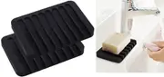 2x Silicone Soap Dish Holder Rack Tray Plate Saver Bathroom Storage - Black